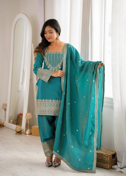 Lorenvalley Fashion Teal Vichitra Silk Embroidery Sequence Dori And Jari Work Kutra Farshi Salwar With Dupatta