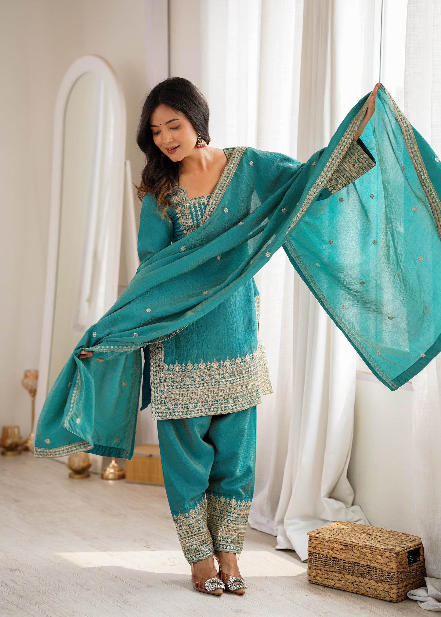Lorenvalley Fashion Teal Vichitra Silk Embroidery Sequence Dori And Jari Work Kutra Farshi Salwar With Dupatta