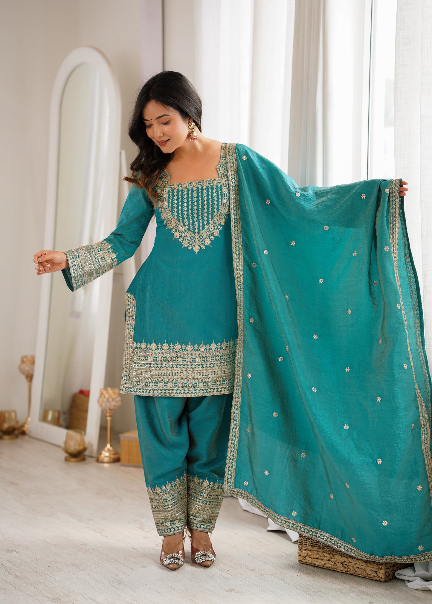 Lorenvalley Fashion Teal Vichitra Silk Embroidery Sequence Dori And Jari Work Kutra Farshi Salwar With Dupatta