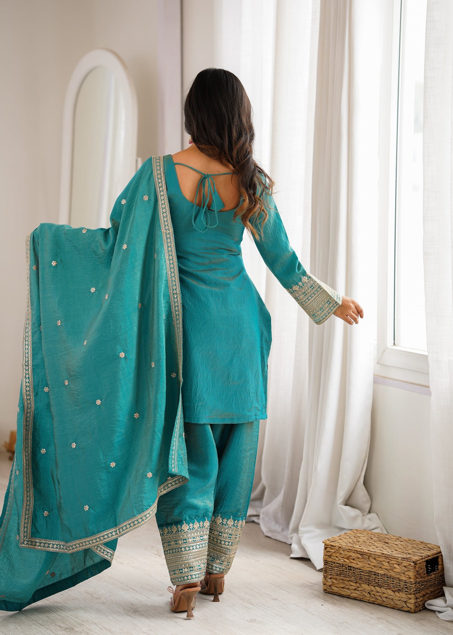 Lorenvalley Fashion Teal Vichitra Silk Embroidery Sequence Dori And Jari Work Kutra Farshi Salwar With Dupatta