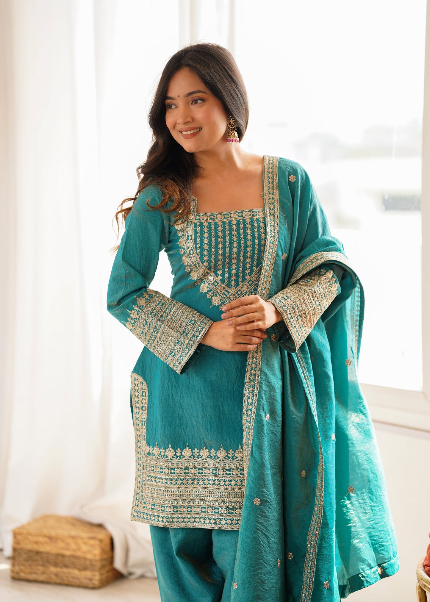 Lorenvalley Fashion Teal Vichitra Silk Embroidery Sequence Dori And Jari Work Kutra Farshi Salwar With Dupatta
