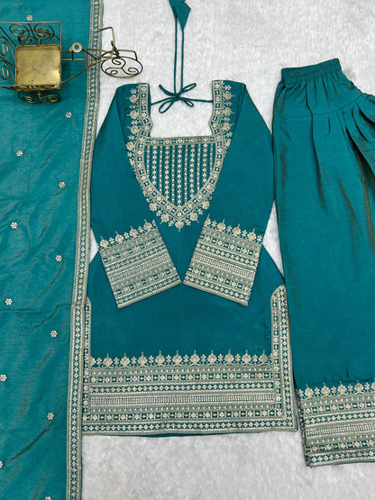 Lorenvalley Fashion Teal Vichitra Silk Embroidery Sequence Dori And Jari Work Kutra Farshi Salwar With Dupatta