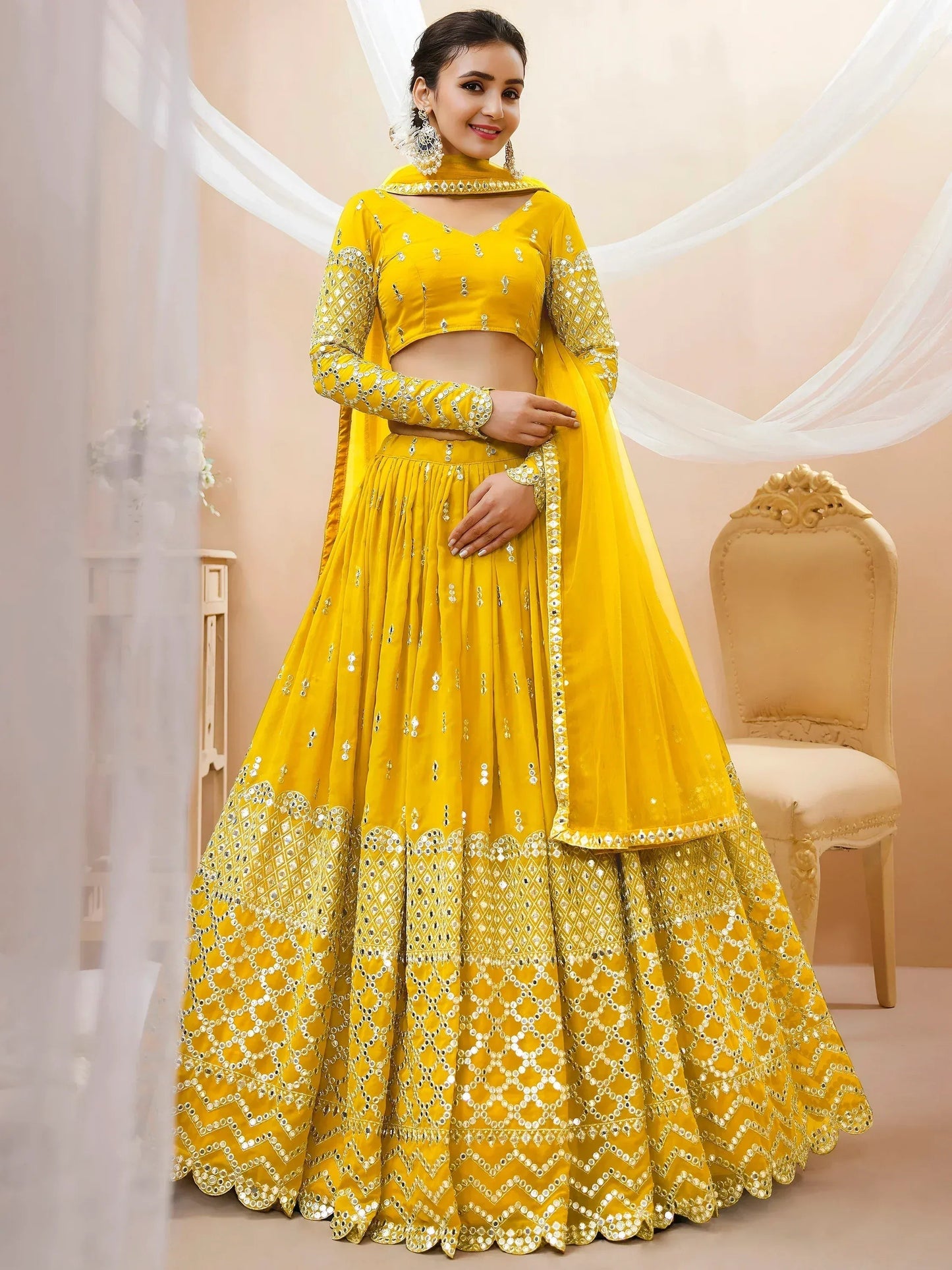Tulsi Art Beautiful Yellow Zari Embroidered Georgette Haldi Wear Lehenga Choli