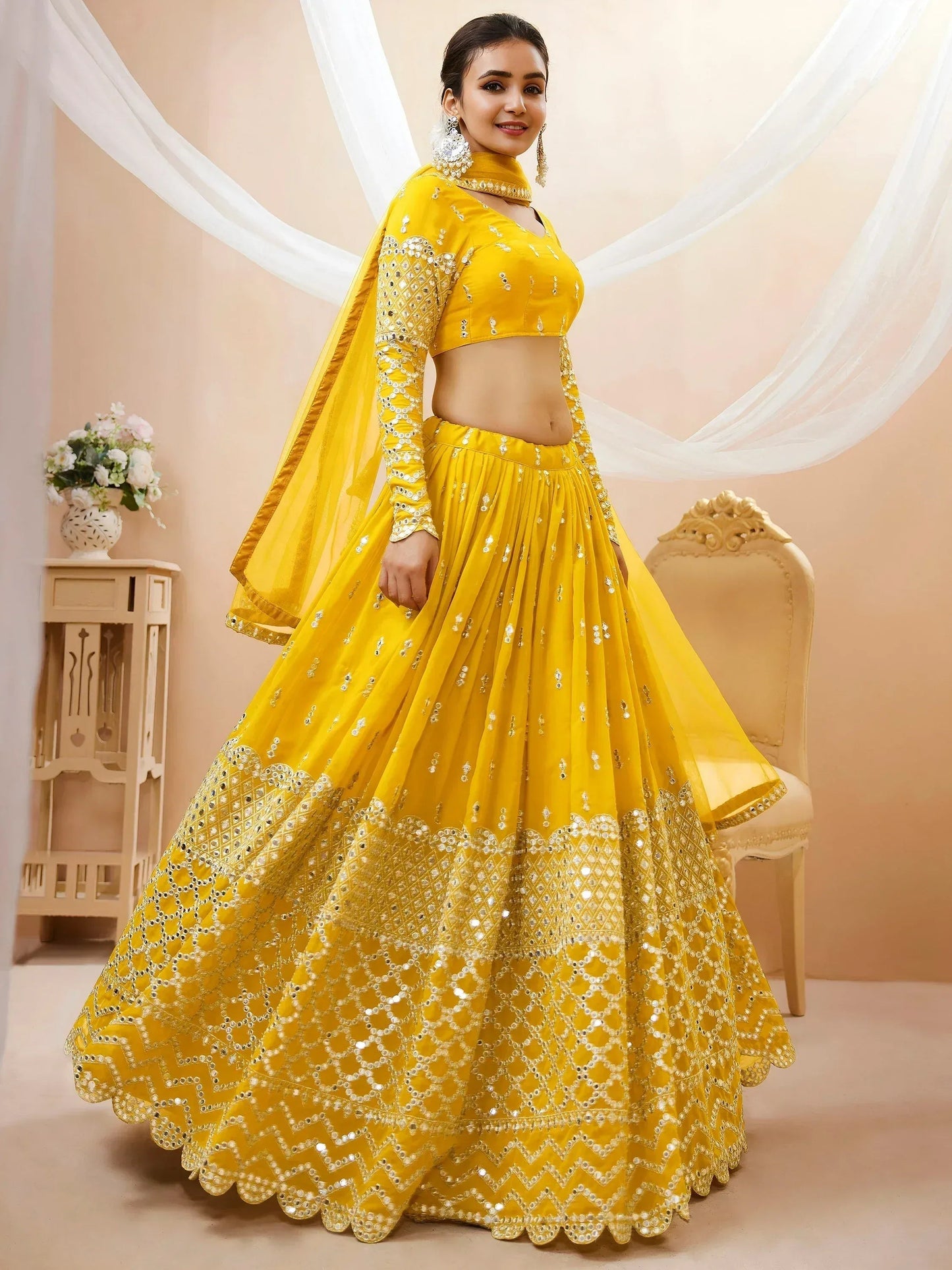 Tulsi Art Beautiful Yellow Zari Embroidered Georgette Haldi Wear Lehenga Choli