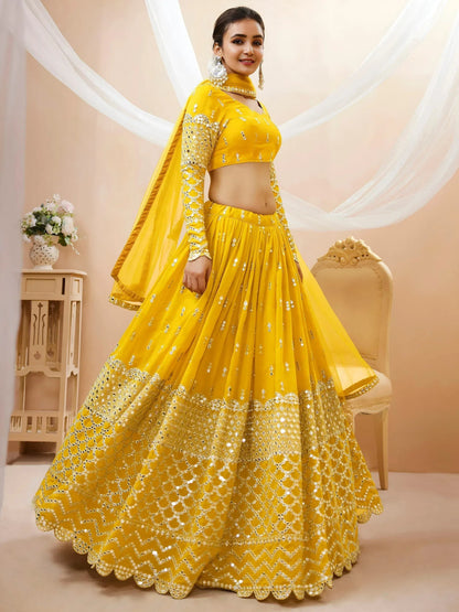 Tulsi Art Beautiful Yellow Zari Embroidered Georgette Haldi Wear Lehenga Choli