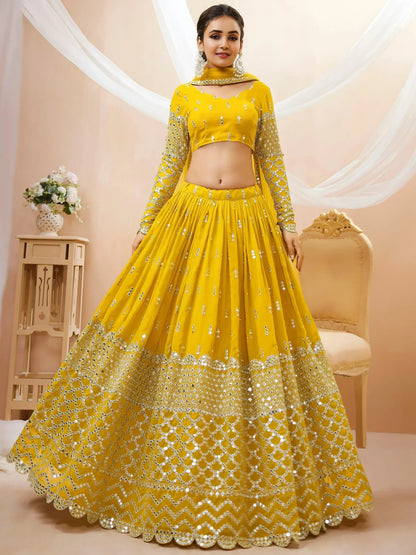 Tulsi Art Beautiful Yellow Zari Embroidered Georgette Haldi Wear Lehenga Choli