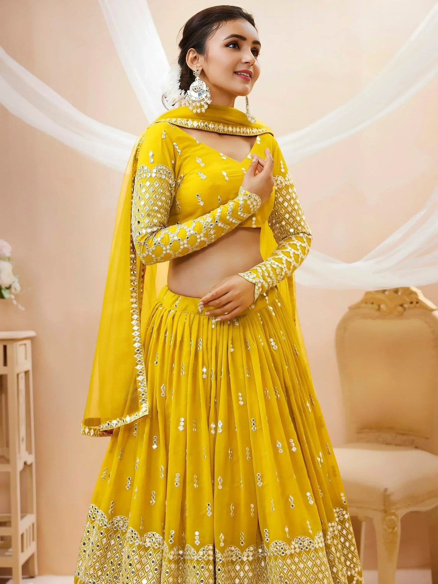 Tulsi Art Beautiful Yellow Zari Embroidered Georgette Haldi Wear Lehenga Choli