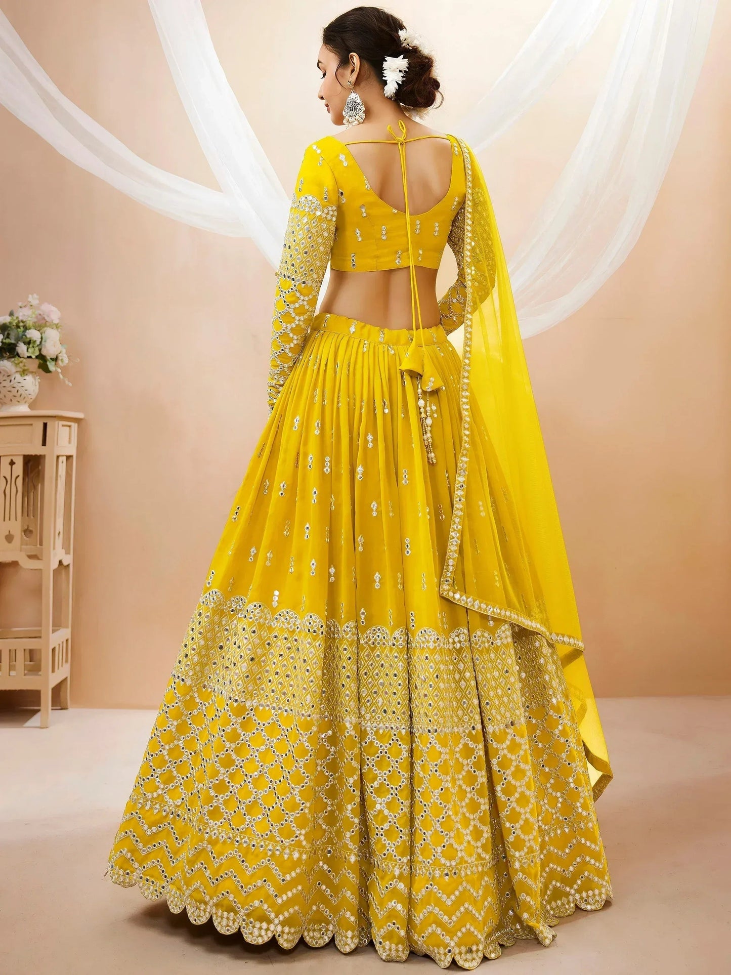 Tulsi Art Beautiful Yellow Zari Embroidered Georgette Haldi Wear Lehenga Choli