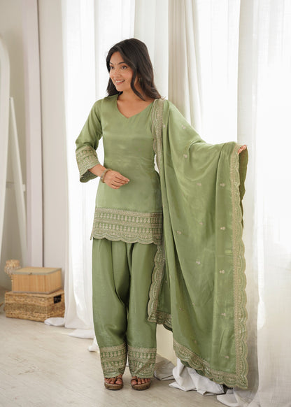 Lorenvalley Fashion Pista Glass Roman Silk with Embroidery Sequence Dori and Jari Work Kurta Farshi Salwar with Dupatta