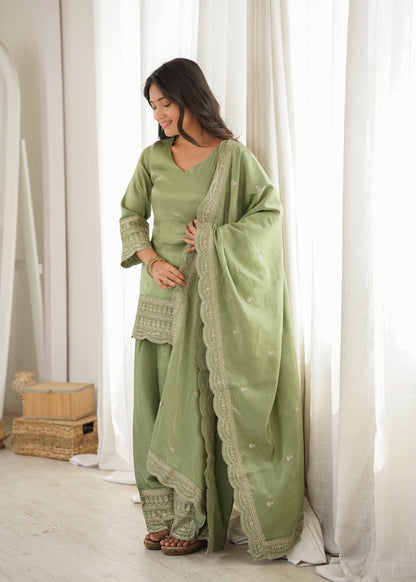 Lorenvalley Fashion Pista Glass Roman Silk with Embroidery Sequence Dori and Jari Work Kurta Farshi Salwar with Dupatta