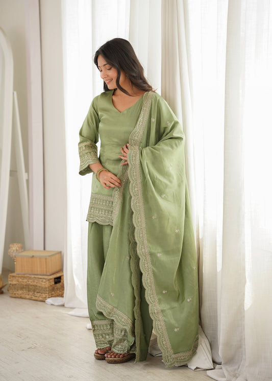 Lorenvalley Fashion Pista Glass Roman Silk with Embroidery Sequence Dori and Jari Work Kurta Farshi Salwar with Dupatta