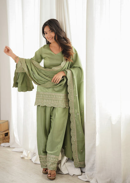 Lorenvalley Fashion Pista Glass Roman Silk with Embroidery Sequence Dori and Jari Work Kurta Farshi Salwar with Dupatta