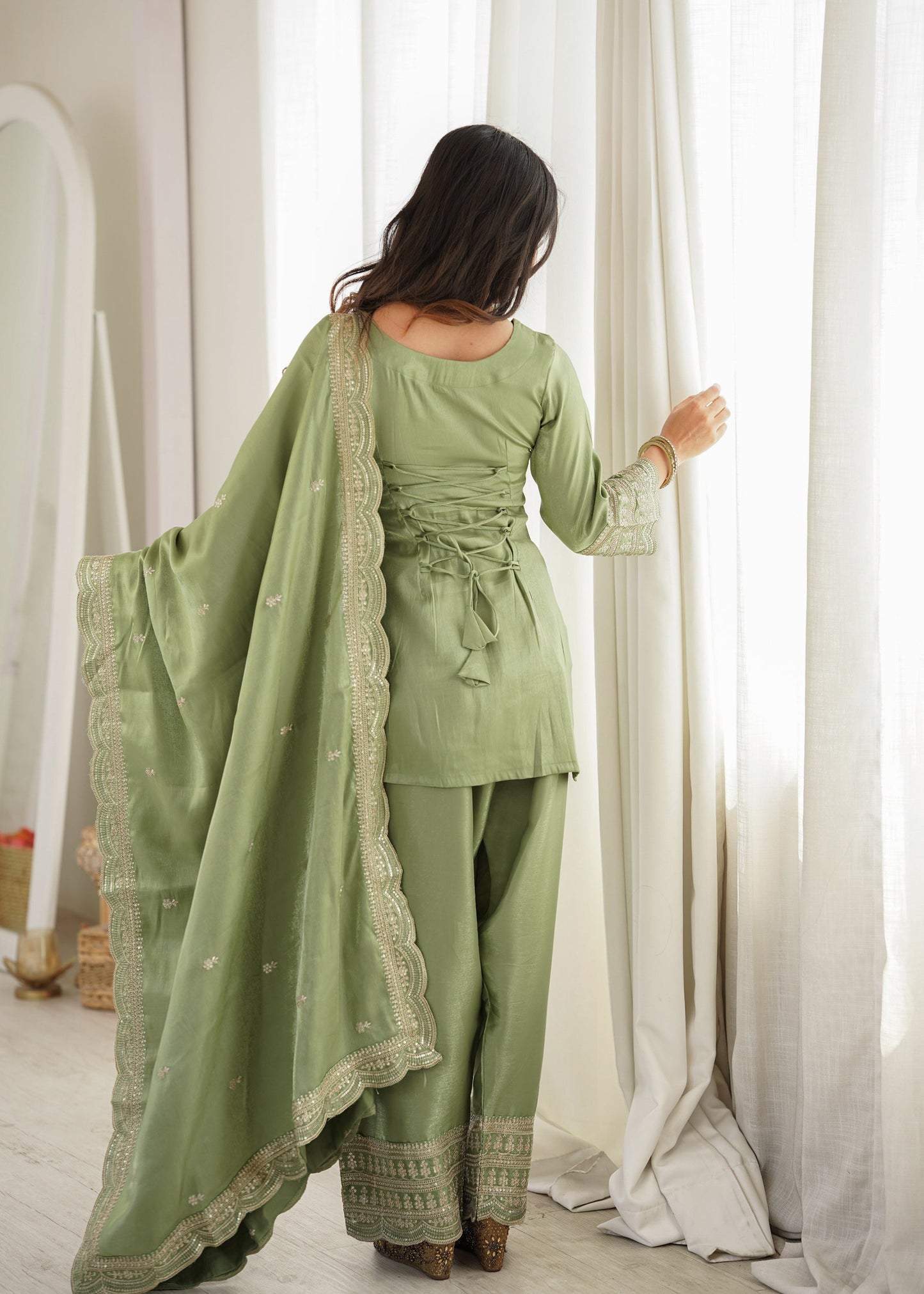 Lorenvalley Fashion Pista Glass Roman Silk with Embroidery Sequence Dori and Jari Work Kurta Farshi Salwar with Dupatta
