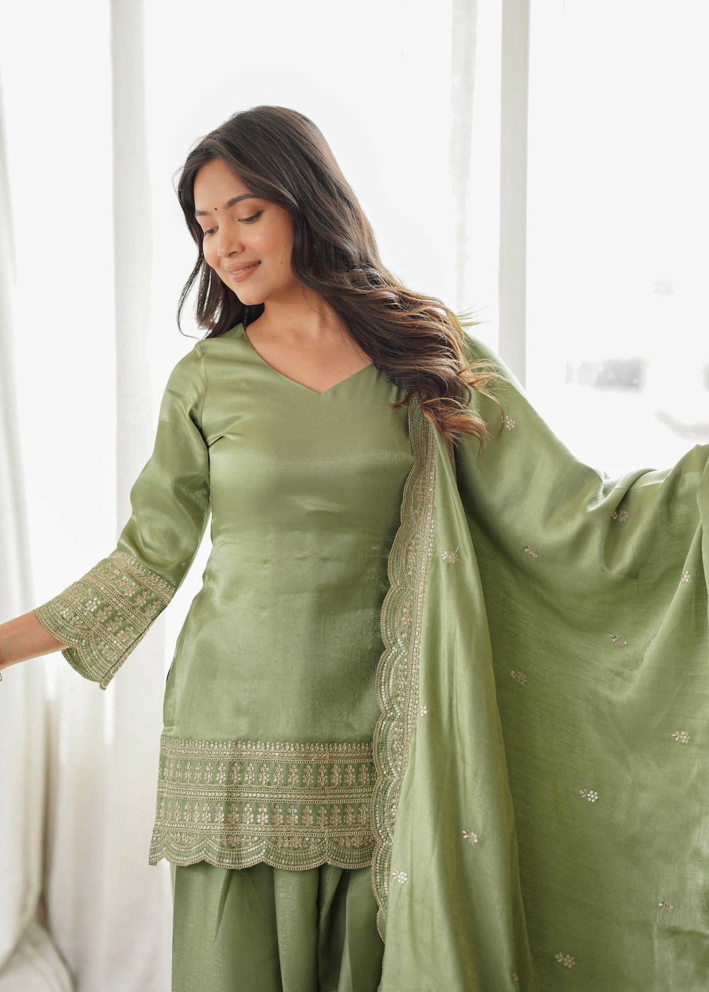 Lorenvalley Fashion Pista Glass Roman Silk with Embroidery Sequence Dori and Jari Work Kurta Farshi Salwar with Dupatta
