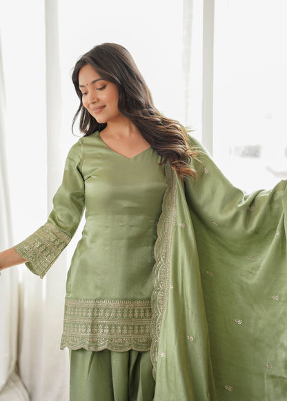 Lorenvalley Fashion Pista Glass Roman Silk with Embroidery Sequence Dori and Jari Work Kurta Farshi Salwar with Dupatta