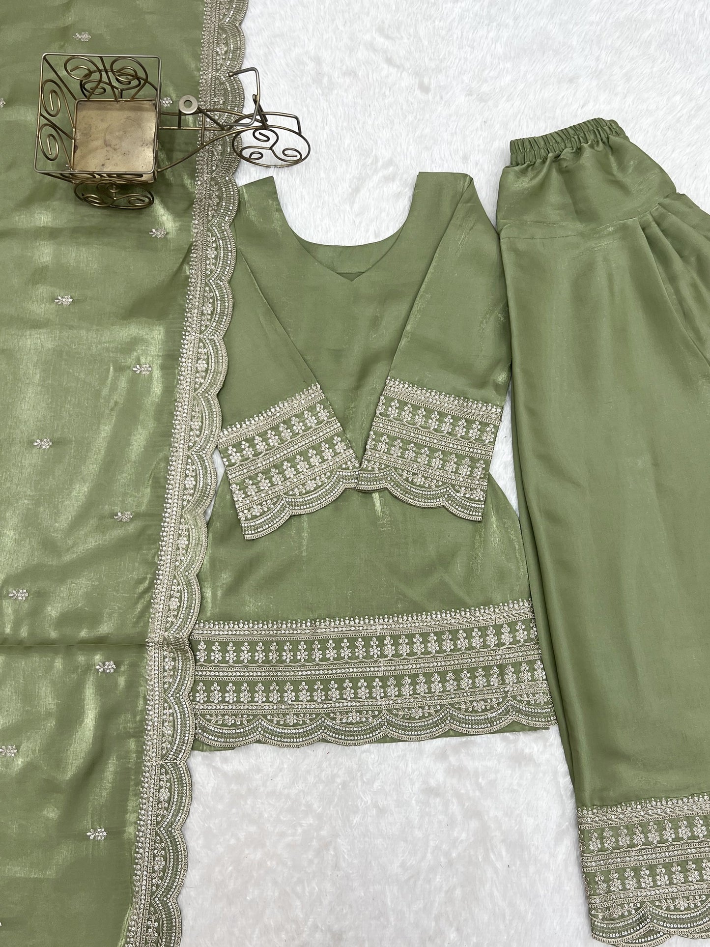 Lorenvalley Fashion Pista Glass Roman Silk with Embroidery Sequence Dori and Jari Work Kurta Farshi Salwar with Dupatta