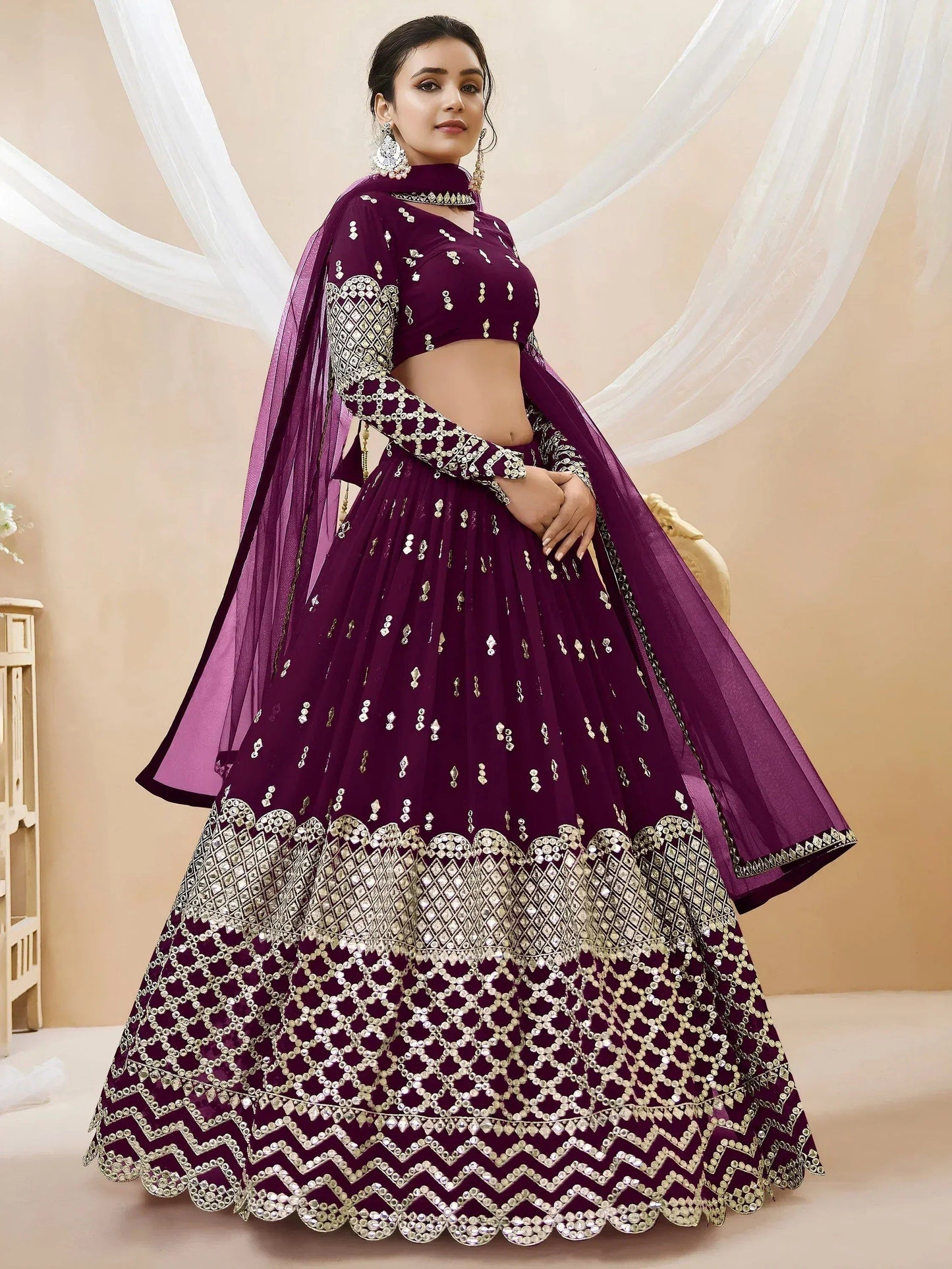 Tulsi Art Gorgeous Wine Sequins Georgette Sangeet Wear Lehenga Choli