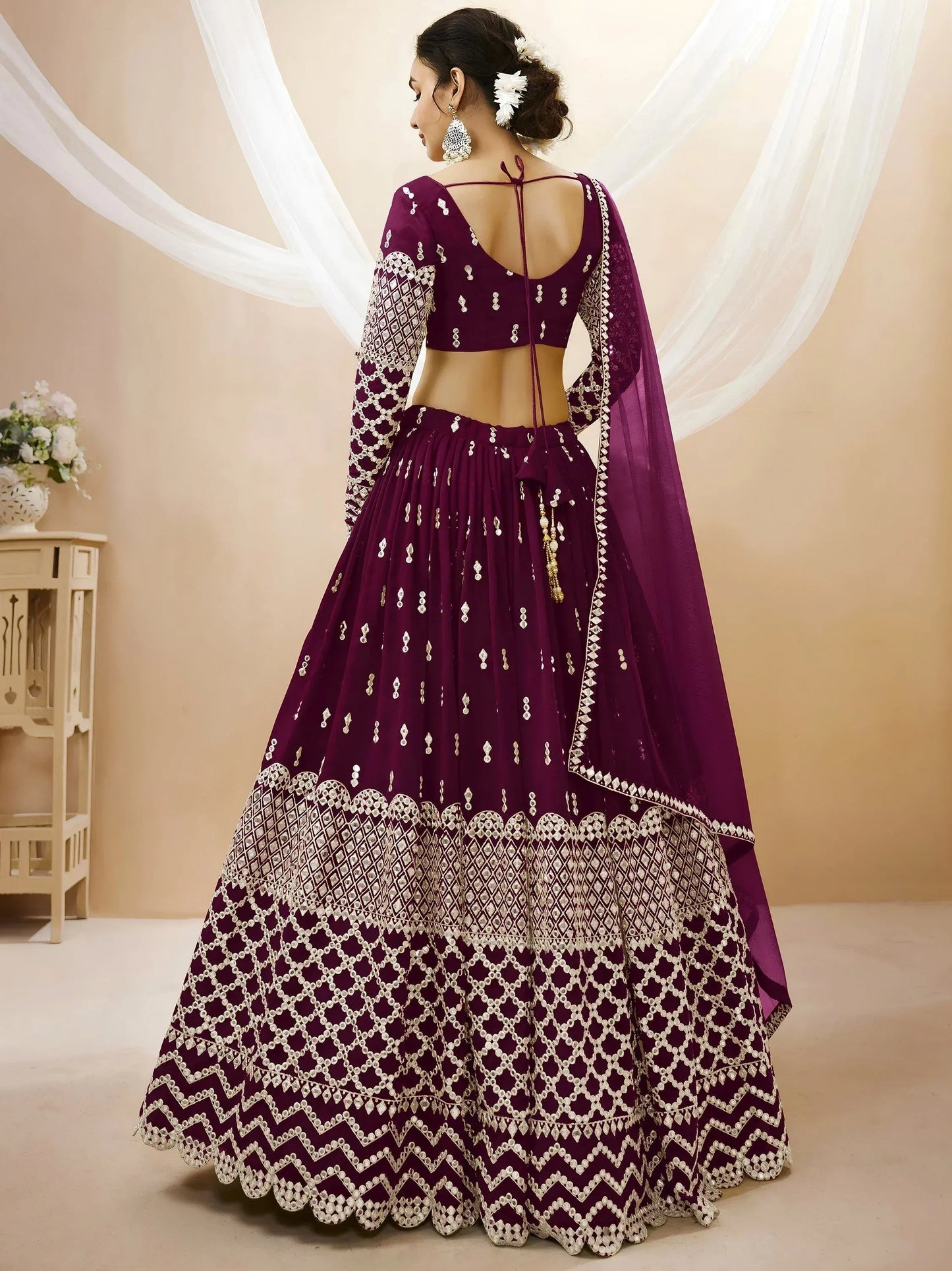 Tulsi Art Gorgeous Wine Sequins Georgette Sangeet Wear Lehenga Choli