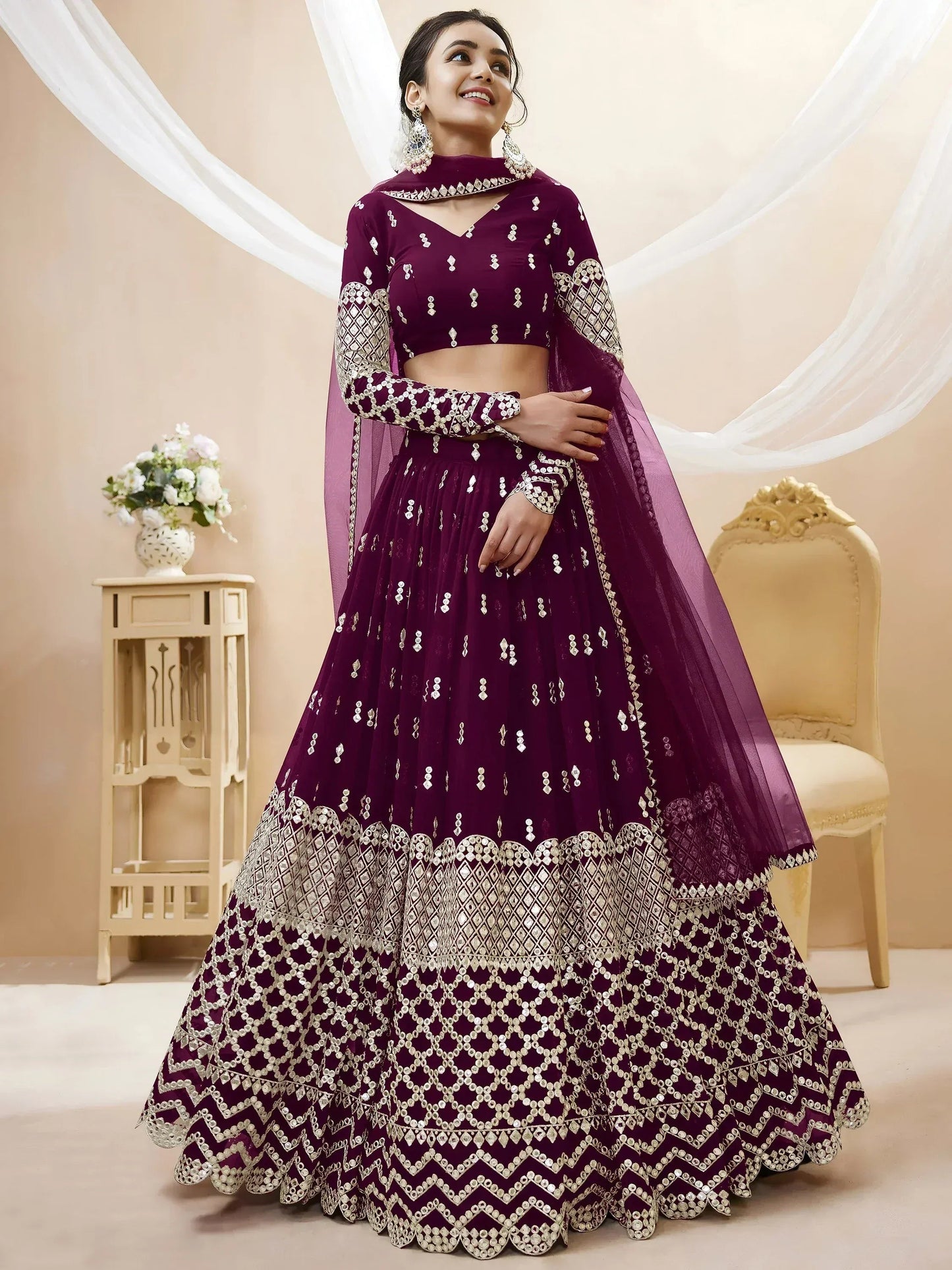 Tulsi Art Gorgeous Wine Sequins Georgette Sangeet Wear Lehenga Choli