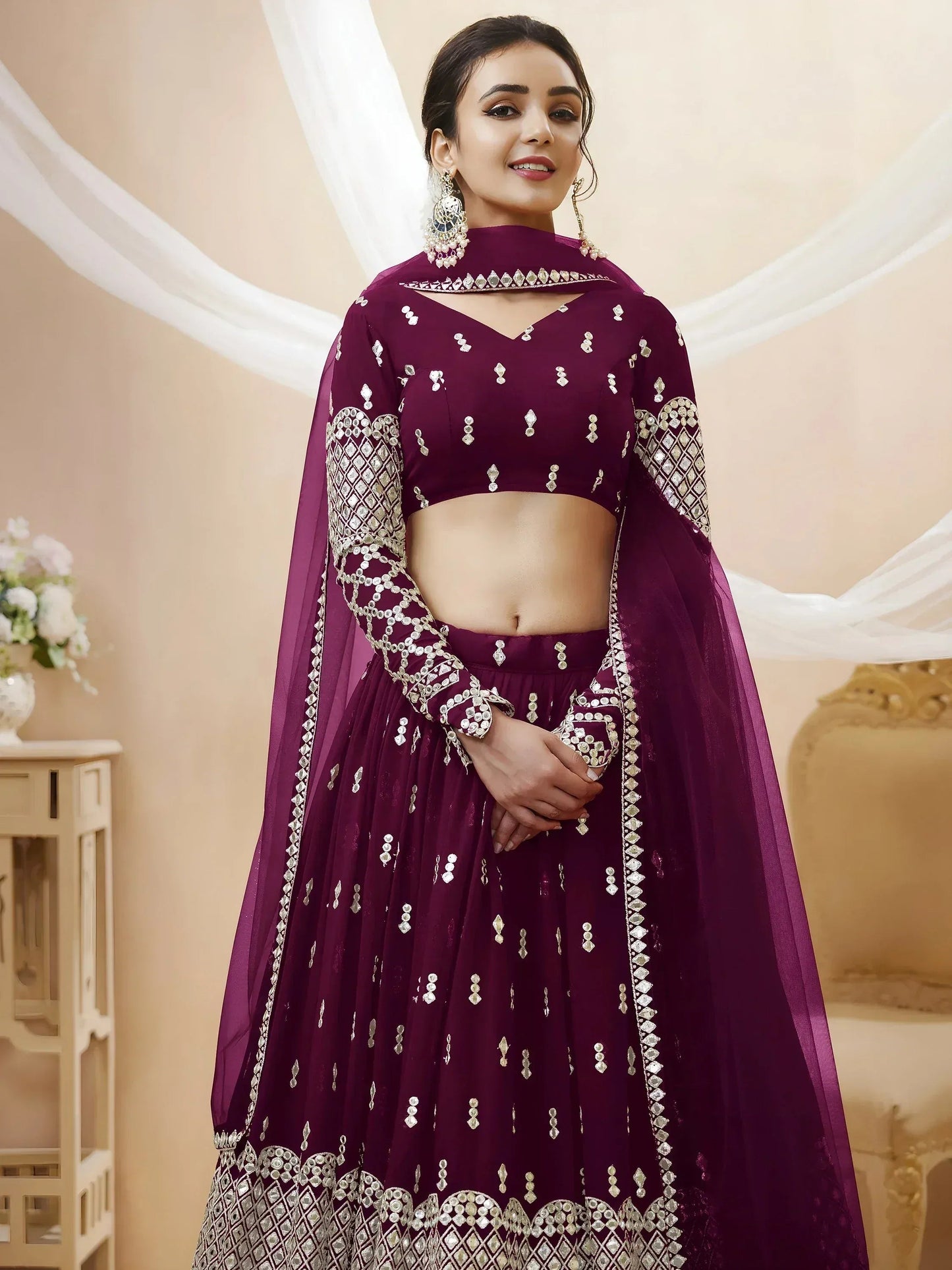 Tulsi Art Gorgeous Wine Sequins Georgette Sangeet Wear Lehenga Choli