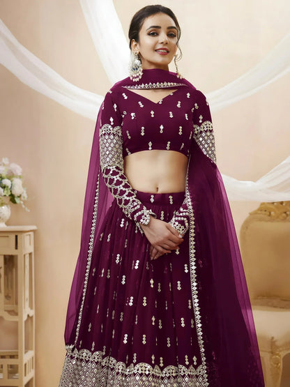 Tulsi Art Gorgeous Wine Sequins Georgette Sangeet Wear Lehenga Choli