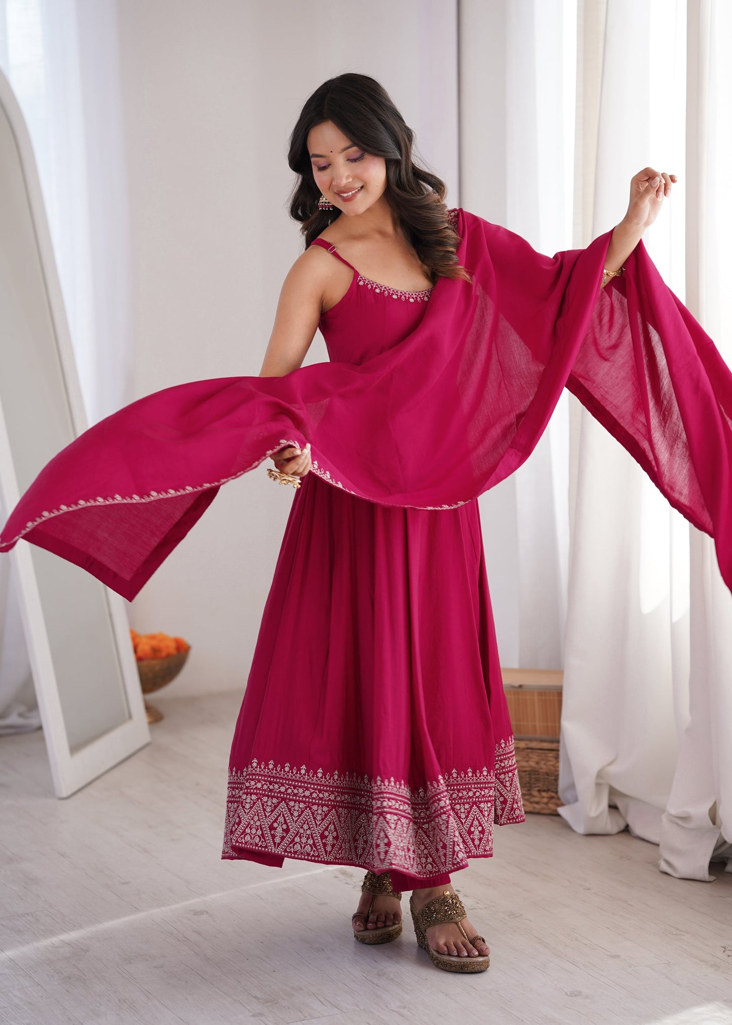 Lorenvalley Fashion Rani Pink Roman Silk Chanderi Embroidery Thread Work Lace Anarkali Gown Pant with Dupatta