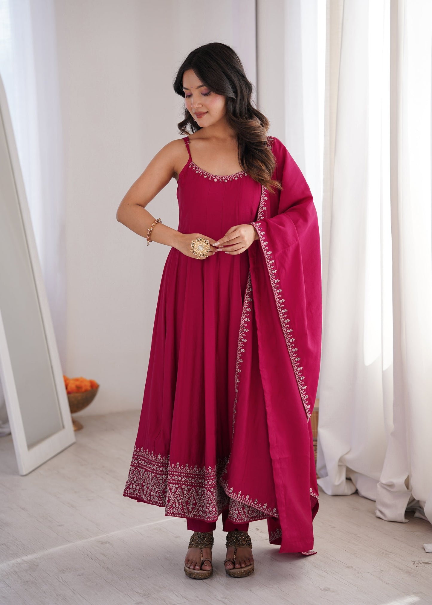 Lorenvalley Fashion Ranipink Roman Silk Chanderi Embroidery Thread Work Lace Anarkali Gown Pant with Dupatta