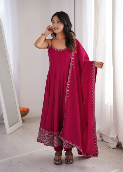 Lorenvalley Fashion Ranipink Roman Silk Chanderi Embroidery Thread Work Lace Anarkali Gown Pant with Dupatta