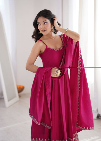 Lorenvalley Fashion Ranipink Roman Silk Chanderi Embroidery Thread Work Lace Anarkali Gown Pant with Dupatta