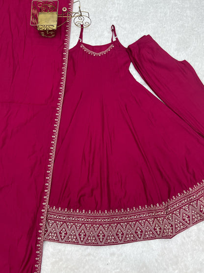 Lorenvalley Fashion Rani Pink Roman Silk Chanderi Embroidery Thread Work Lace Anarkali Gown Pant with Dupatta