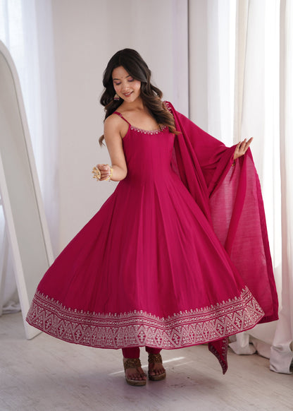 Lorenvalley Fashion Ranipink Roman Silk Chanderi Embroidery Thread Work Lace Anarkali Gown Pant with Dupatta