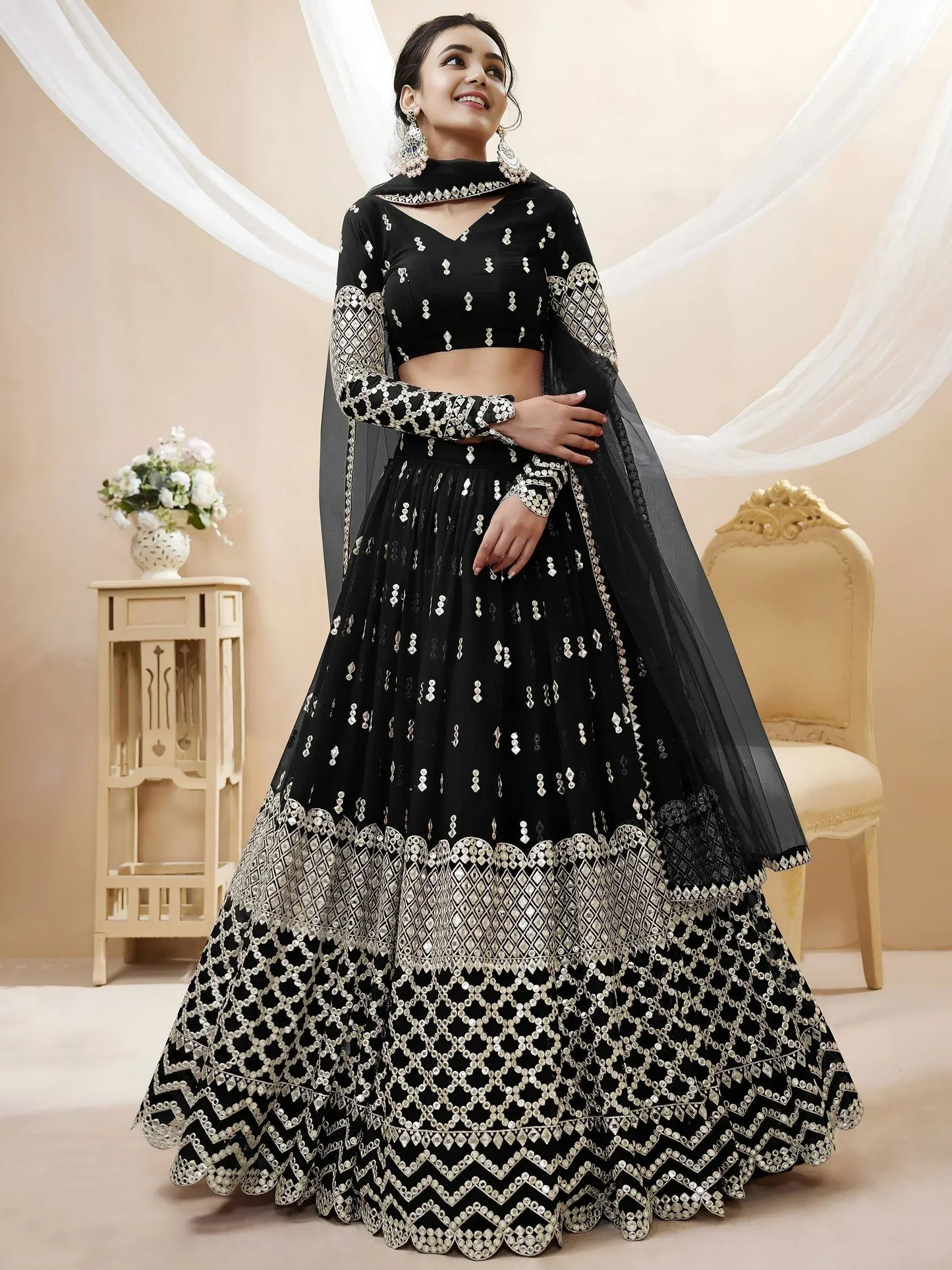 Tulsi Art Seductive Black Zari Work Georgette Reception Wear Lehenga Choli