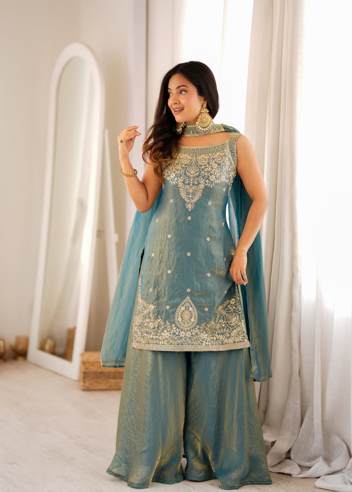 Lorenvalley Fashion Sea Green Fendy Silk with Embroidery Sequence Dori and Jari Work Kurta Sharara with Dupatta