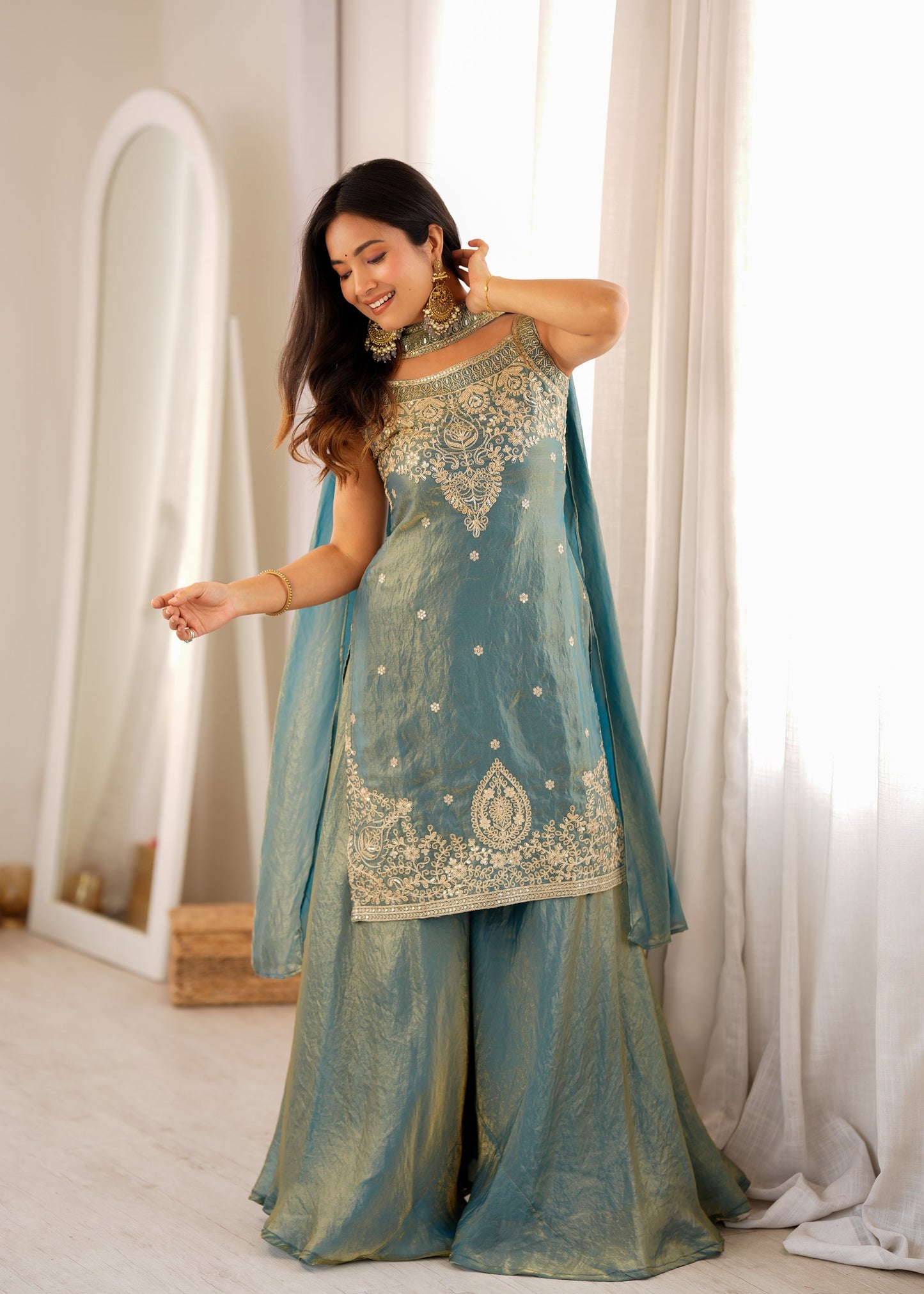 Lorenvalley Fashion Sea Green Fendy Silk with Embroidery Sequence Dori and Jari Work Kurta Sharara with Dupatta