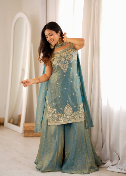 Lorenvalley Fashion Sea Green Fendy Silk with Embroidery Sequence Dori and Jari Work Kurta Sharara with Dupatta