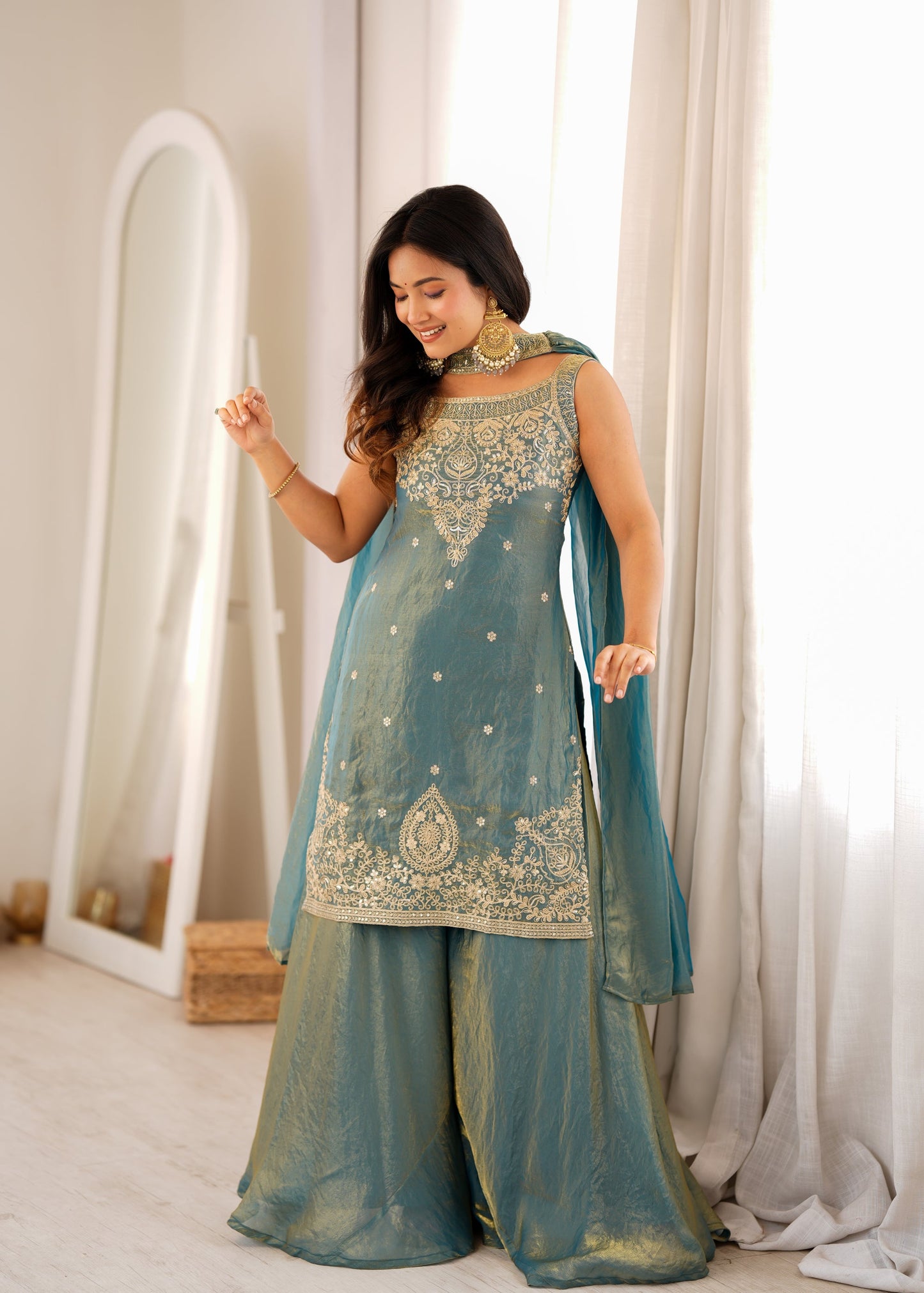 Lorenvalley Fashion Sea Green Fendy Silk with Embroidery Sequence Dori and Jari Work Kurta Sharara with Dupatta