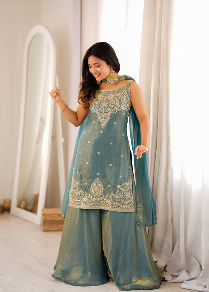 Lorenvalley Fashion Sea Green Fendy Silk with Embroidery Sequence Dori and Jari Work Kurta Sharara with Dupatta