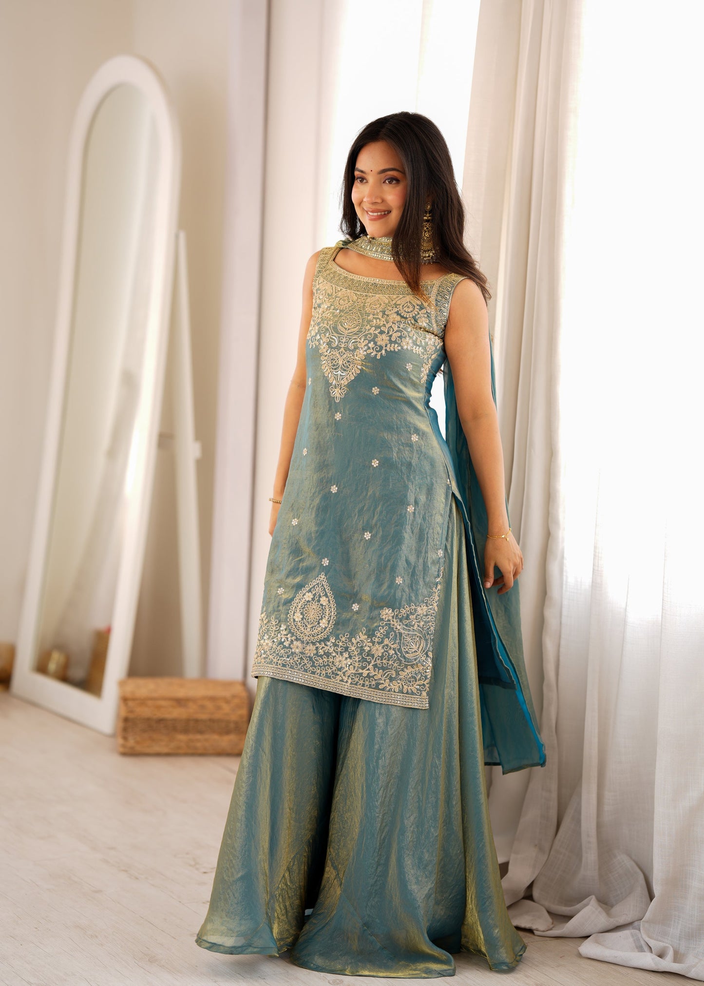 Lorenvalley Fashion Sea Green Fendy Silk with Embroidery Sequence Dori and Jari Work Kurta Sharara with Dupatta