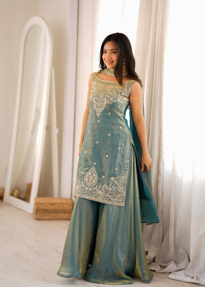 Lorenvalley Fashion Sea Green Fendy Silk with Embroidery Sequence Dori and Jari Work Kurta Sharara with Dupatta