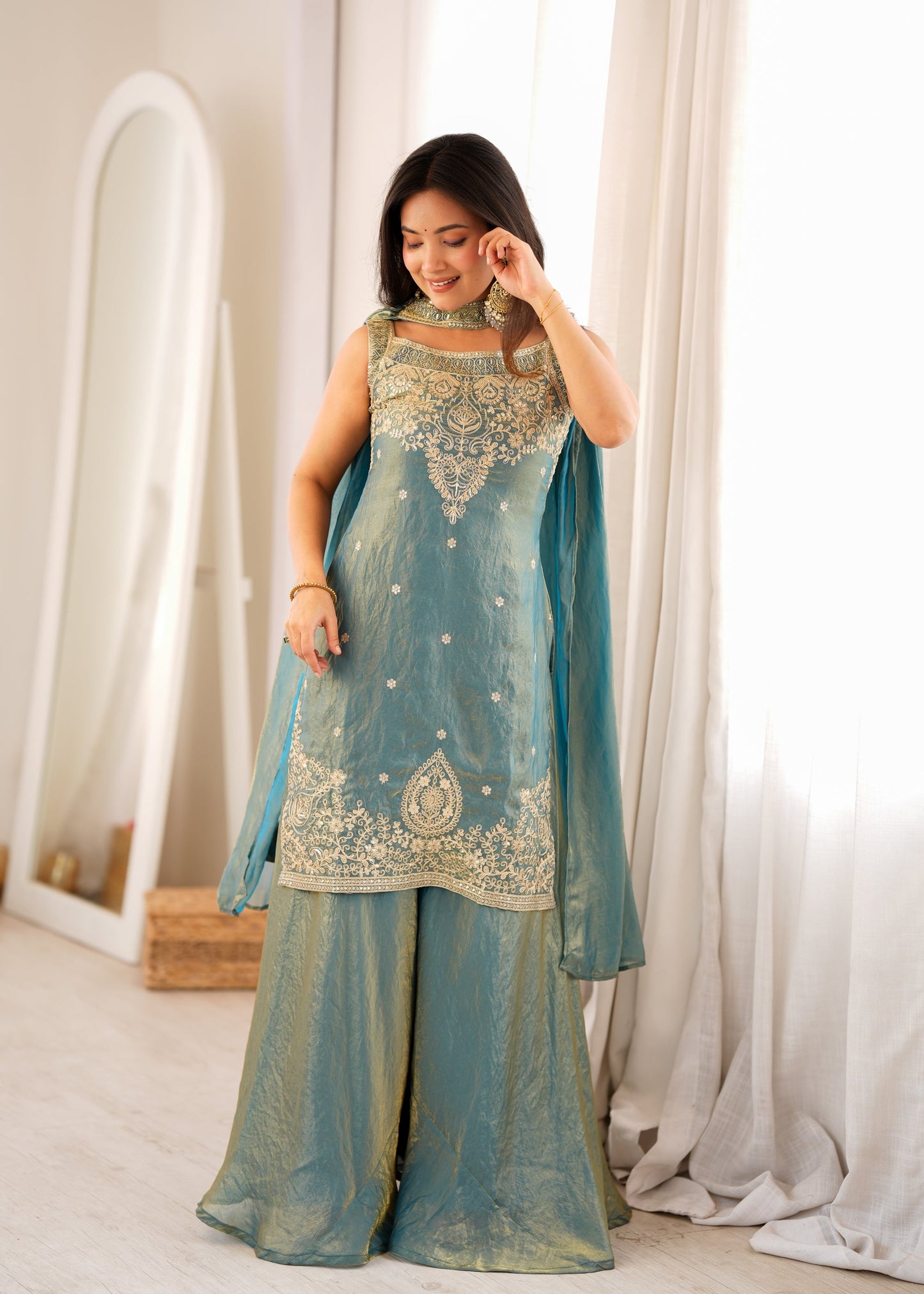 Lorenvalley Fashion Sea Green Fendy Silk with Embroidery Sequence Dori and Jari Work Kurta Sharara with Dupatta