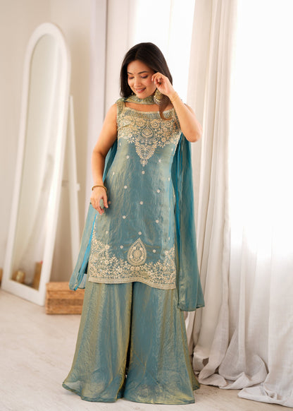 Lorenvalley Fashion Sea Green Fendy Silk with Embroidery Sequence Dori and Jari Work Kurta Sharara with Dupatta