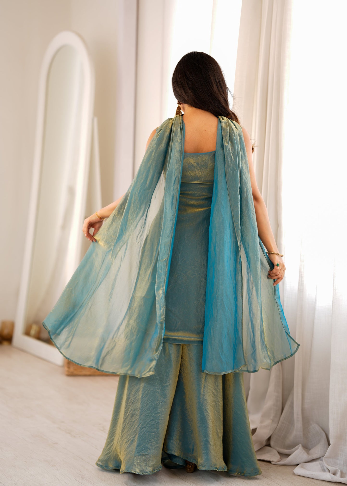 Lorenvalley Fashion Sea Green Fendy Silk with Embroidery Sequence Dori and Jari Work Kurta Sharara with Dupatta