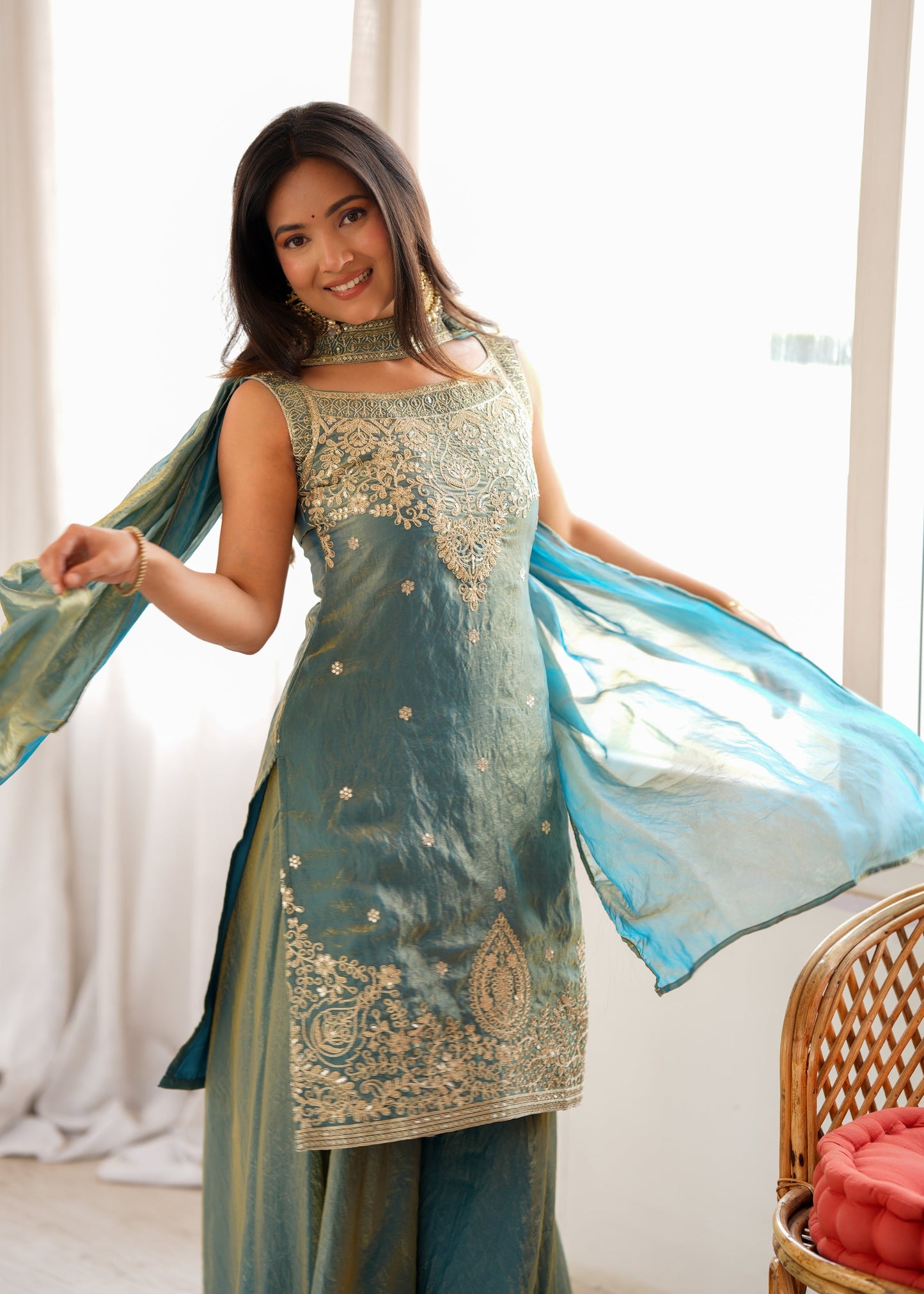 Lorenvalley Fashion Sea Green Fendy Silk with Embroidery Sequence Dori and Jari Work Kurta Sharara with Dupatta