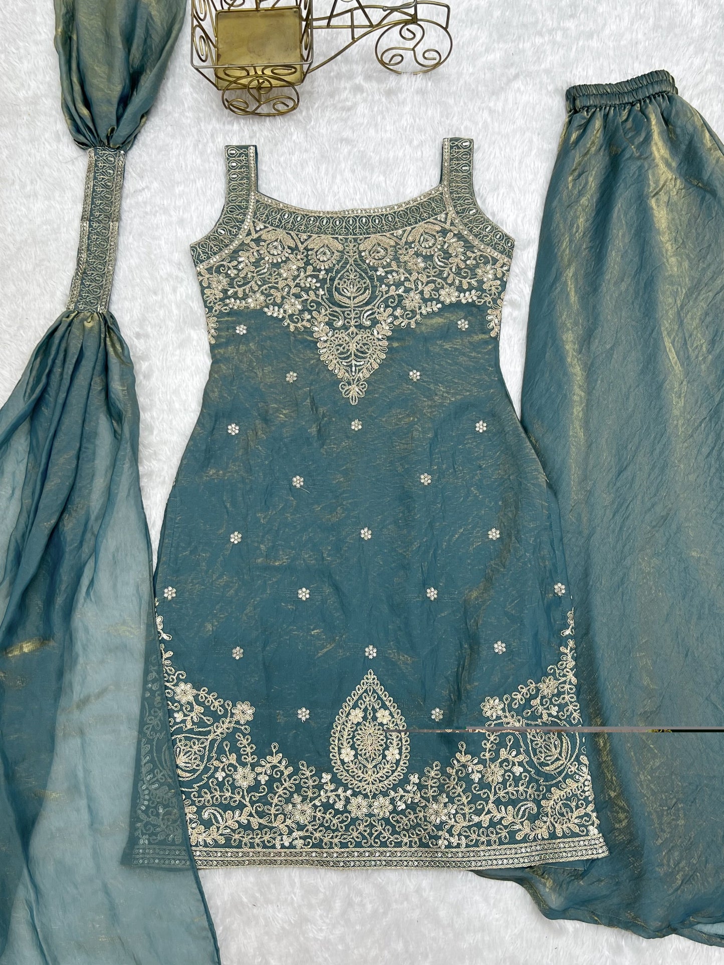 Lorenvalley Fashion Sea Green Fendy Silk with Embroidery Sequence Dori and Jari Work Kurta Sharara with Dupatta