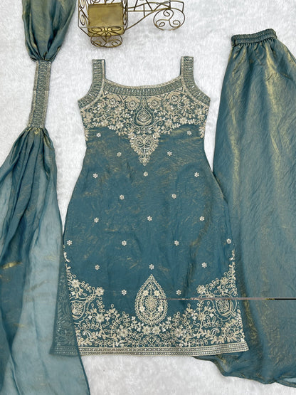 Lorenvalley Fashion Sea Green Fendy Silk with Embroidery Sequence Dori and Jari Work Kurta Sharara with Dupatta