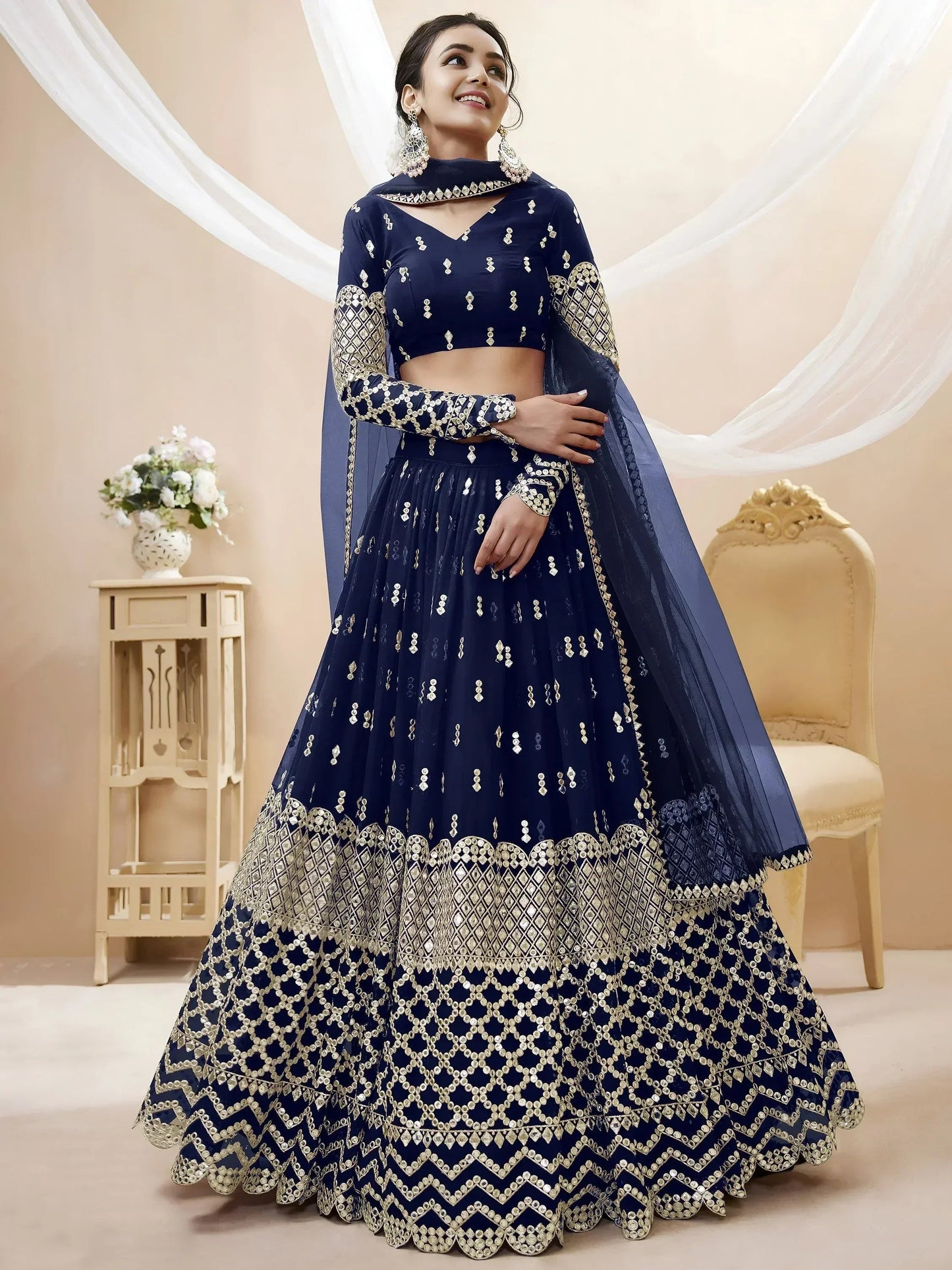 Tulsi Art Appealing Navy Blue Sequin Georgette Reception Wear Lehenga Choli