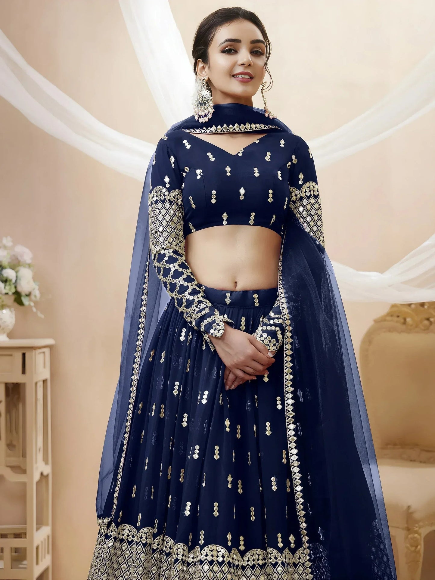 Tulsi Art Appealing Navy Blue Sequin Georgette Reception Wear Lehenga Choli
