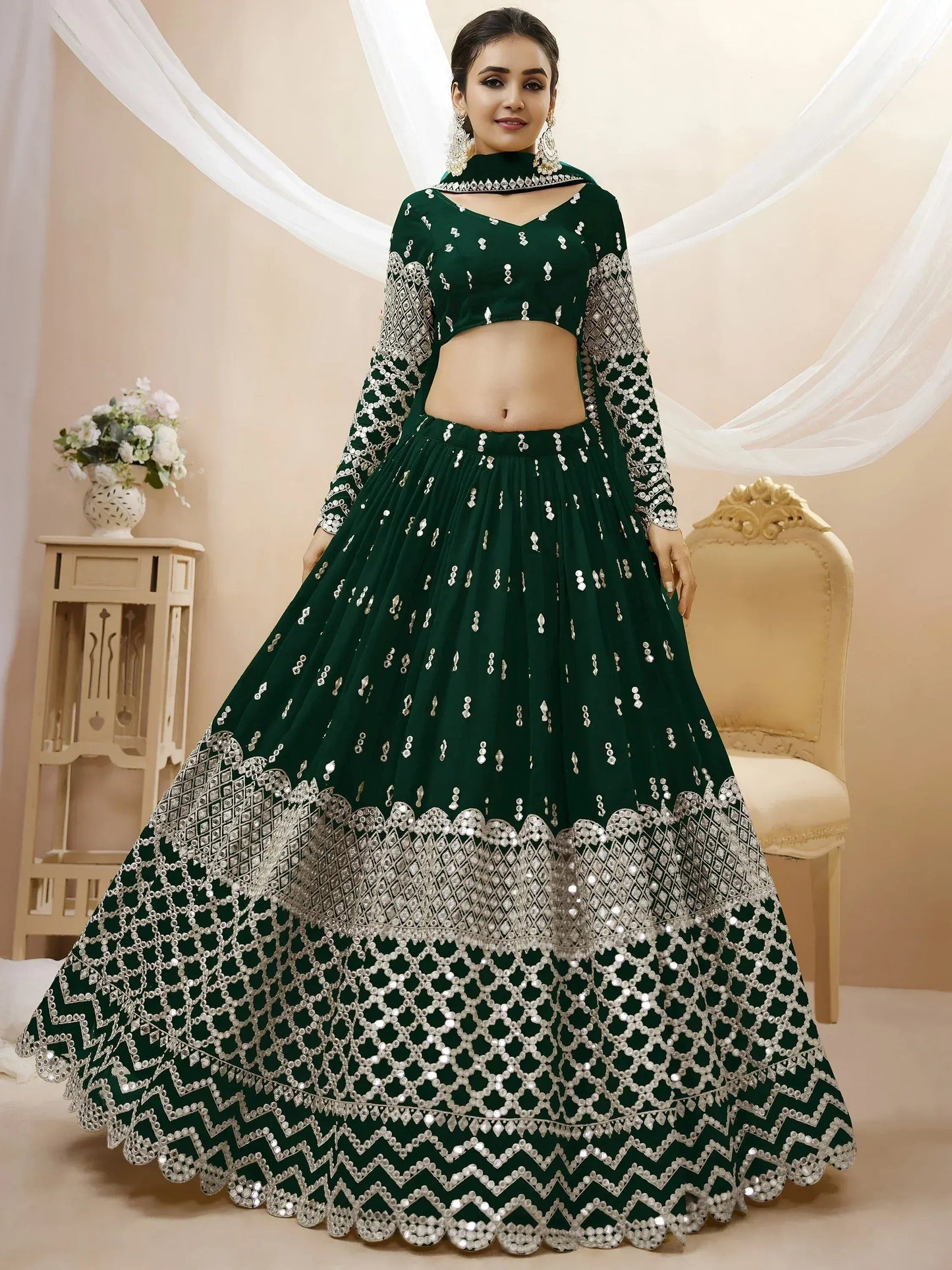 Tulsi Art Capricious Dark Green Sequins Work Georgette Lehenga Choli
