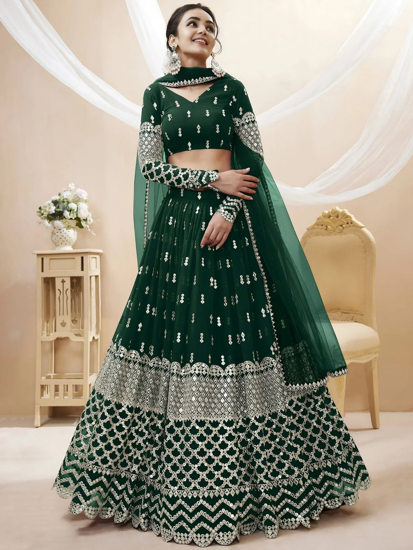 Tulsi Art Capricious Dark Green Sequins Work Georgette Lehenga Choli