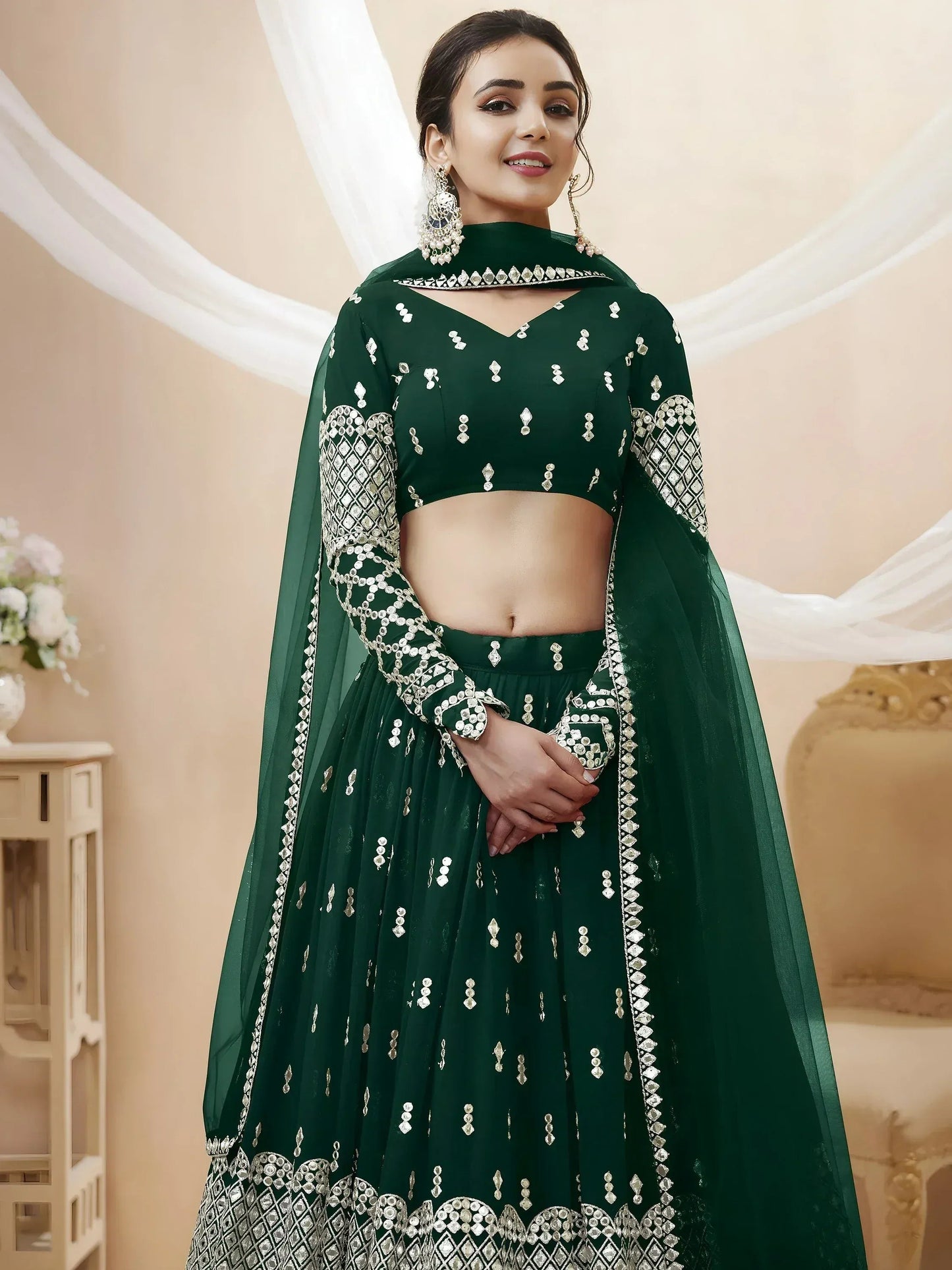 Tulsi Art Capricious Dark Green Sequins Work Georgette Lehenga Choli